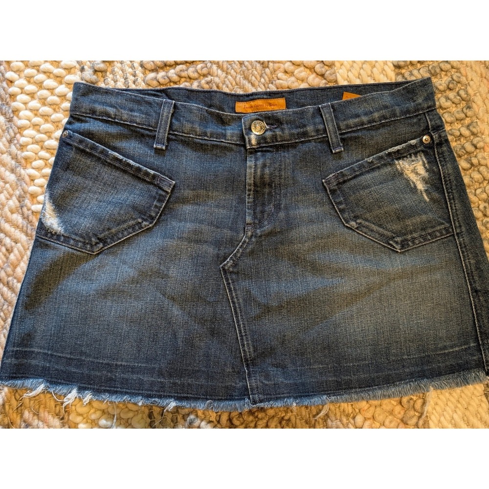 James Cured by Seun Denim Mini Skirt Dark Wash Distressed Frayed Hem Size 28 y2k
